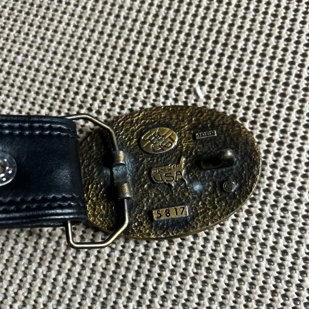 Vintage 1982 Colorado Mountain Buckle Black Leather Belt Mens 34 36 Made in USA